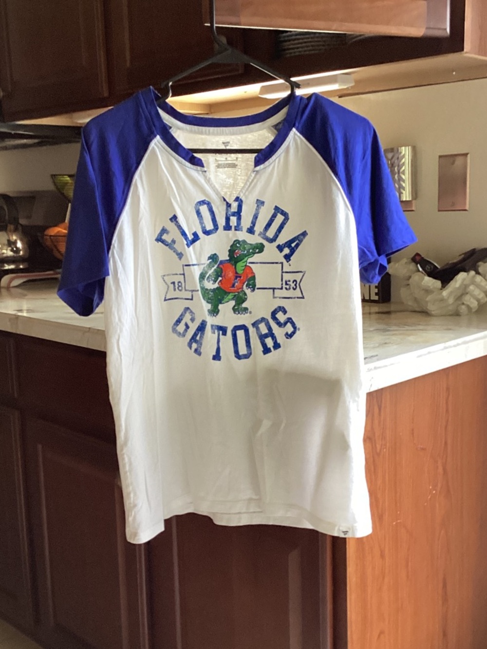 Fanatics White Tee with Royal Blue Raglan Sleeves - Florida Gators Graphic